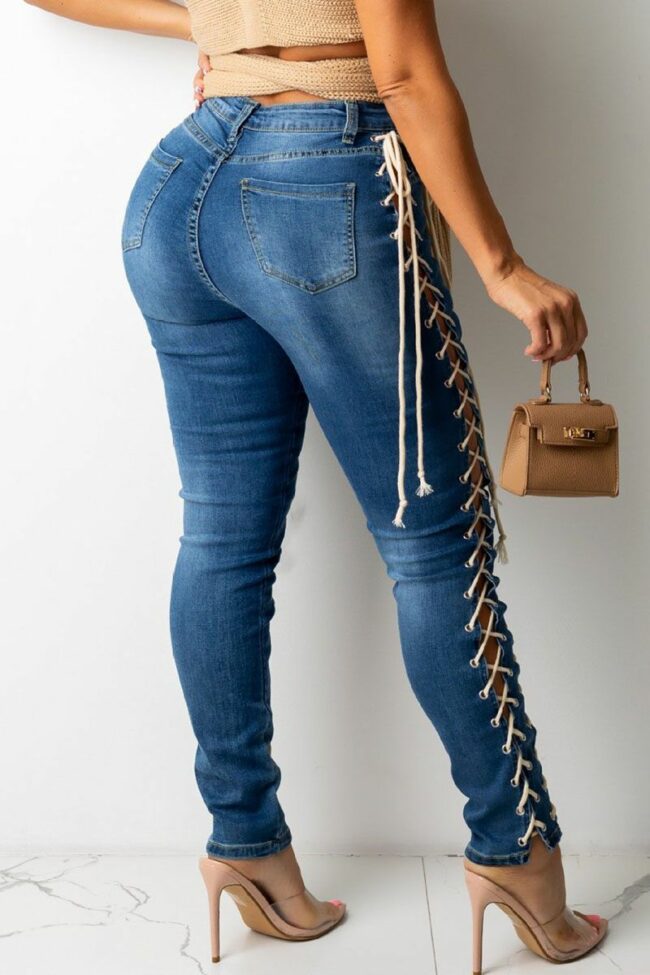Sexy Solid Hollowed Out Split Joint Frenulum High Waist Skinny Denim Jeans