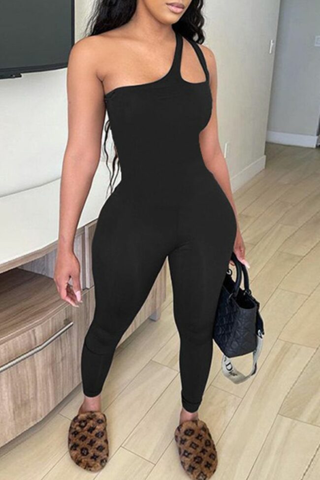 Sexy Solid Split Joint One Shoulder Skinny Jumpsuits