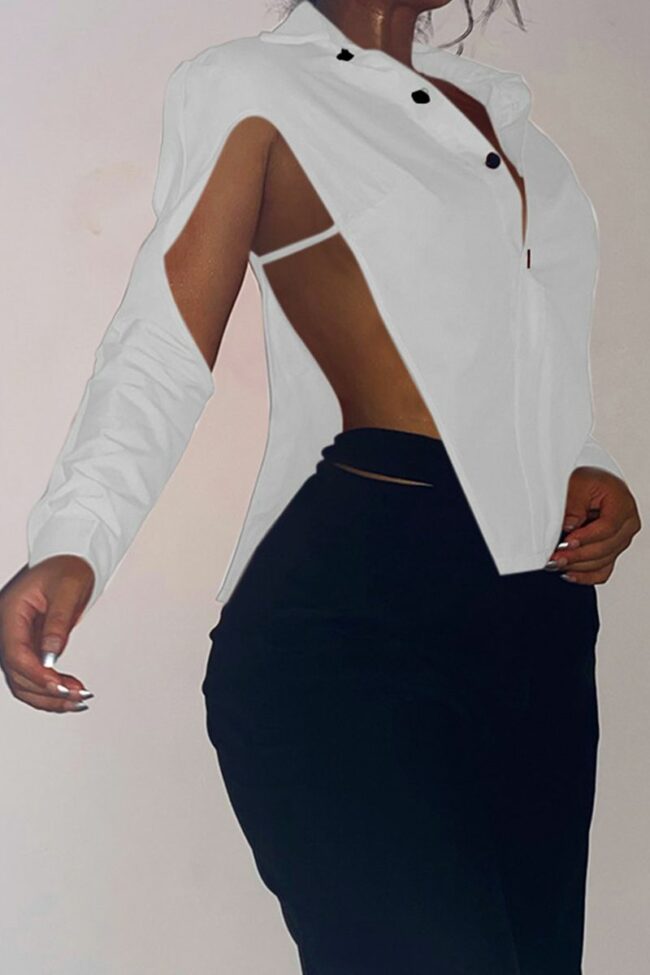 Sexy Solid Hollowed Out Turndown Collar Tops
