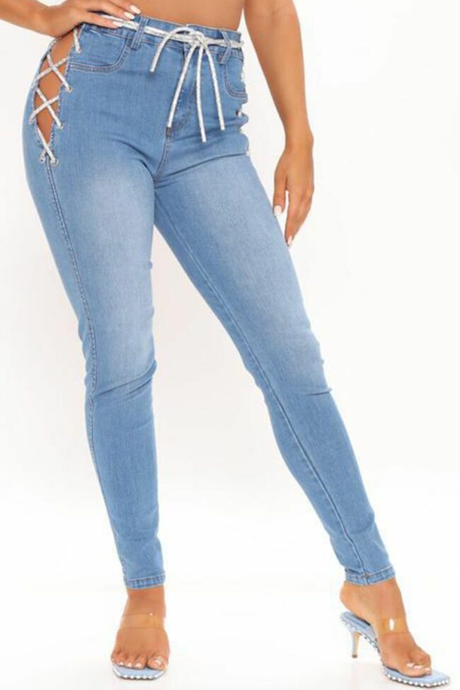 Sexy Solid Hollowed Out High Waist Skinny Denim Jeans