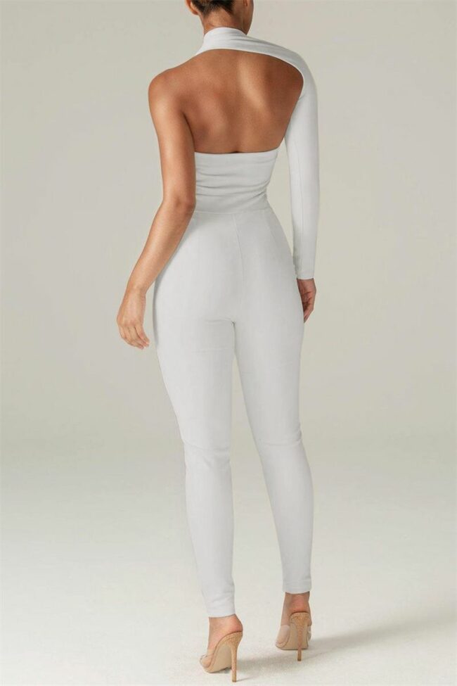 Sexy Casual Solid Backless Asymmetrical Oblique Collar Skinny Jumpsuits