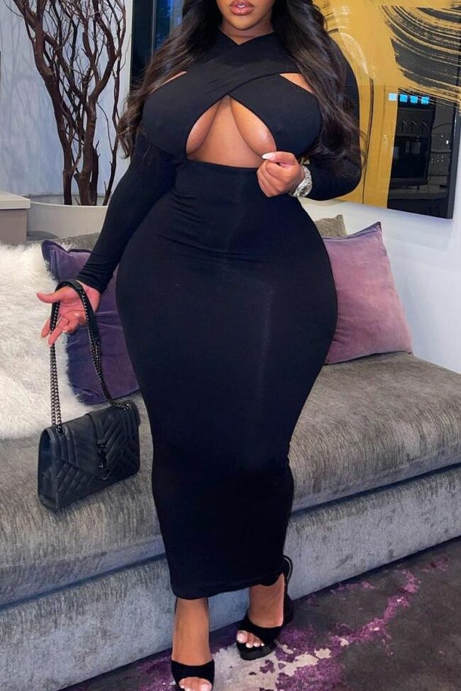 Black Fashion Sexy Solid Hollowed Out V Neck Long Sleeve Plus Size Dresses