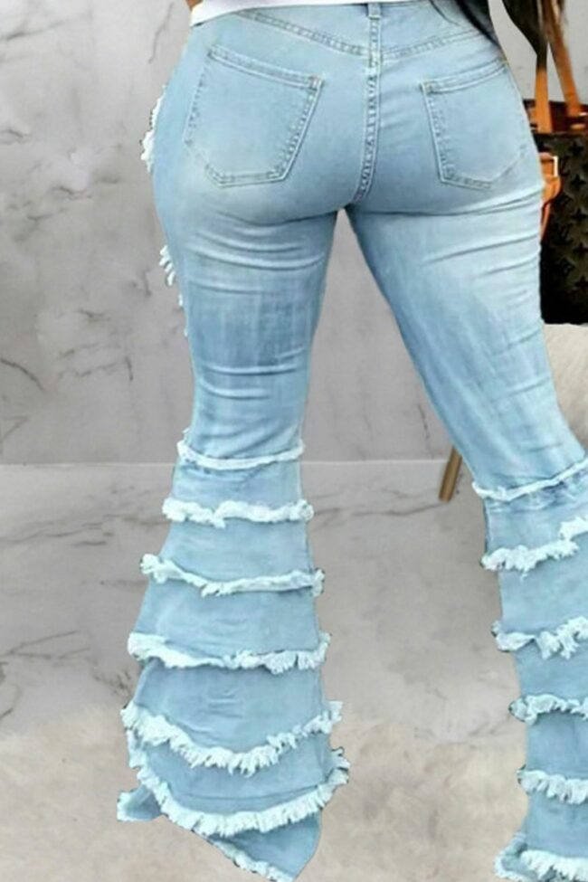 Casual Solid Tassel Mid Waist Boot Cut Denim Jeans