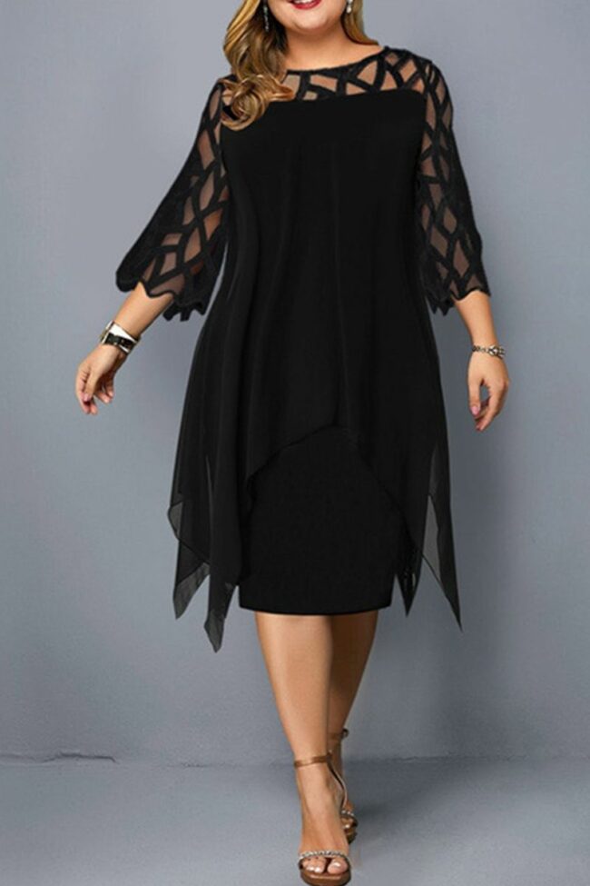 Casual Solid Lace O Neck Straight Plus Size Dresses