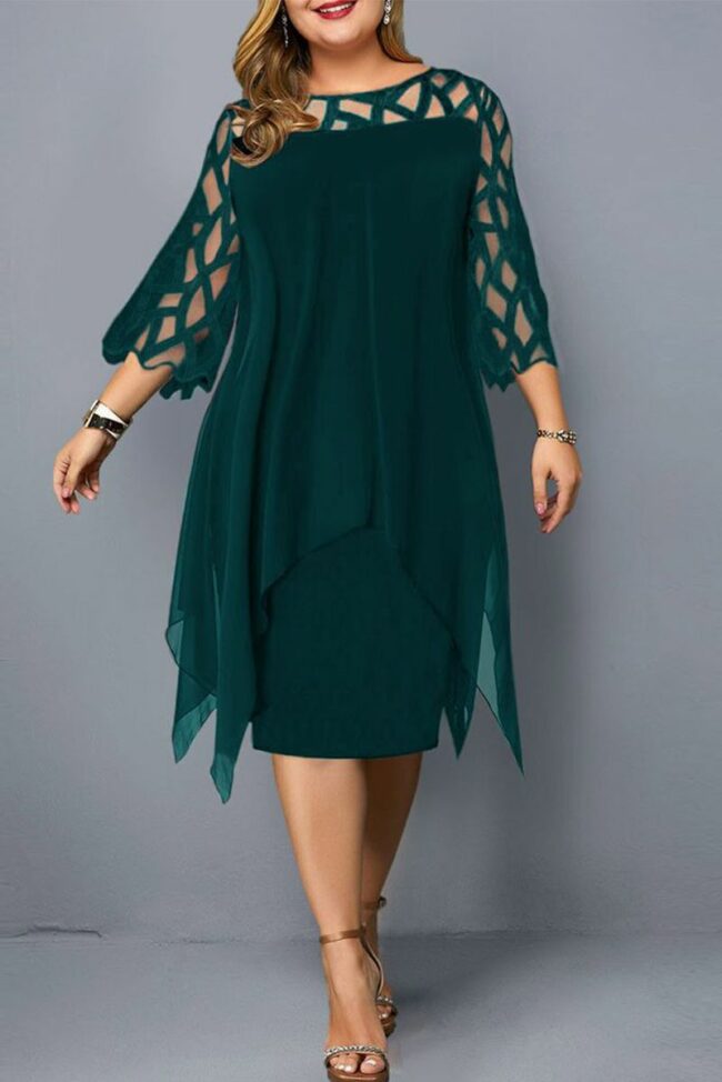 Casual Solid Lace O Neck Straight Plus Size Dresses