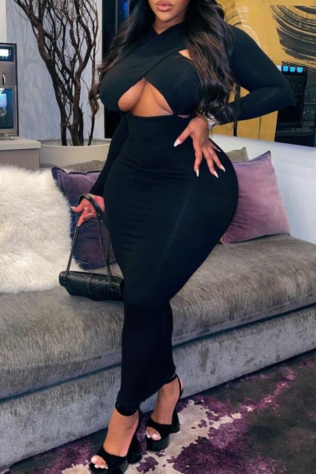 Black Fashion Sexy Solid Hollowed Out V Neck Long Sleeve Plus Size Dresses