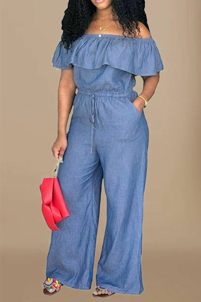 Casual Solid Flounce Off the Shoulder Straight Jumpsuits