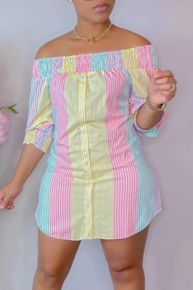 Casual Striped Split Joint Off the Shoulder Straight Dresses