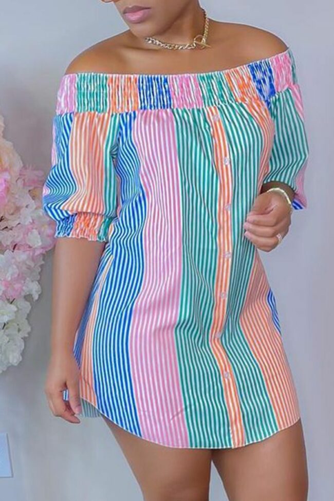 Casual Striped Split Joint Off the Shoulder Straight Dresses