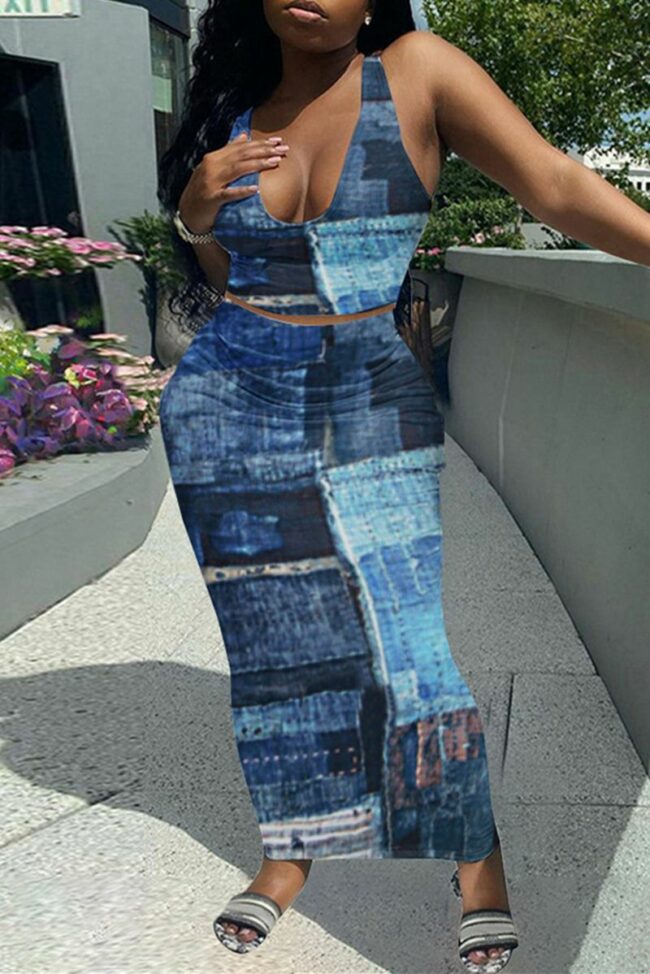 Sexy Casual Print Vests U Neck Sleeveless Two Pieces