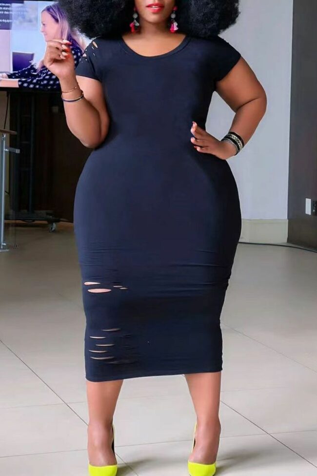 Casual Ripped Split Joint O Neck Straight Plus Size Dresses