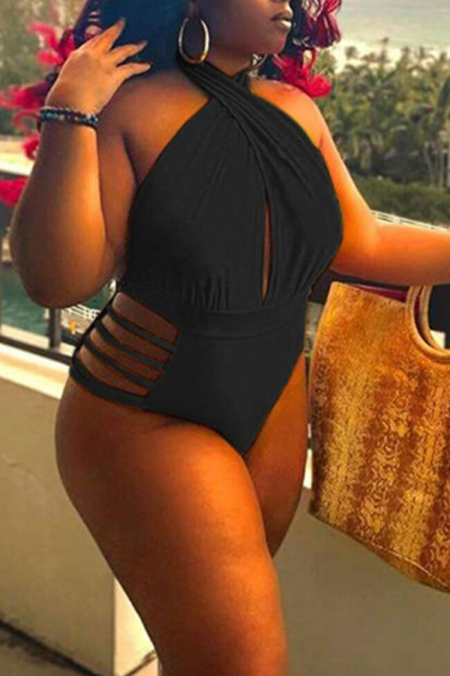 Sexy Solid Hollowed Out Split Joint Halter Plus Size Swimwear