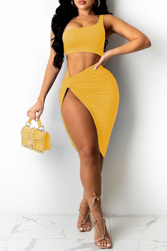 Fashion Sexy Solid Slit One Shoulder Sleeveless Two Pieces