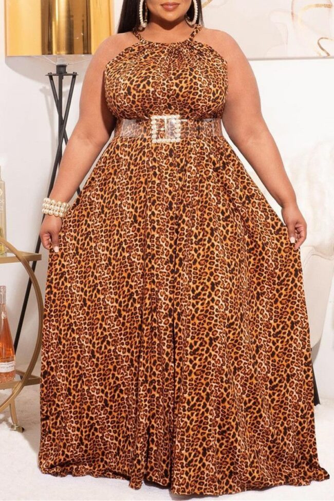 Fashion Plus Size Print Leopard Backless Halter Sleeveless Dress (Without Belt)
