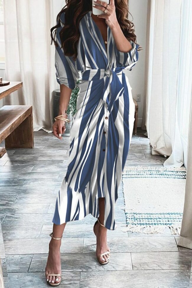 Fashion Casual Patchwork With Belt V Neck Long Sleeve Dresses