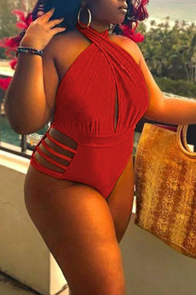 Sexy Solid Hollowed Out Split Joint Halter Plus Size Swimwear