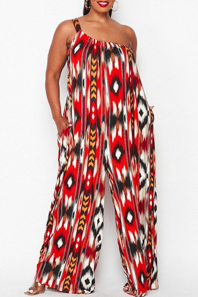 Sexy Print Tie-dye Without Belt Asymmetrical One Shoulder Loose Jumpsuits