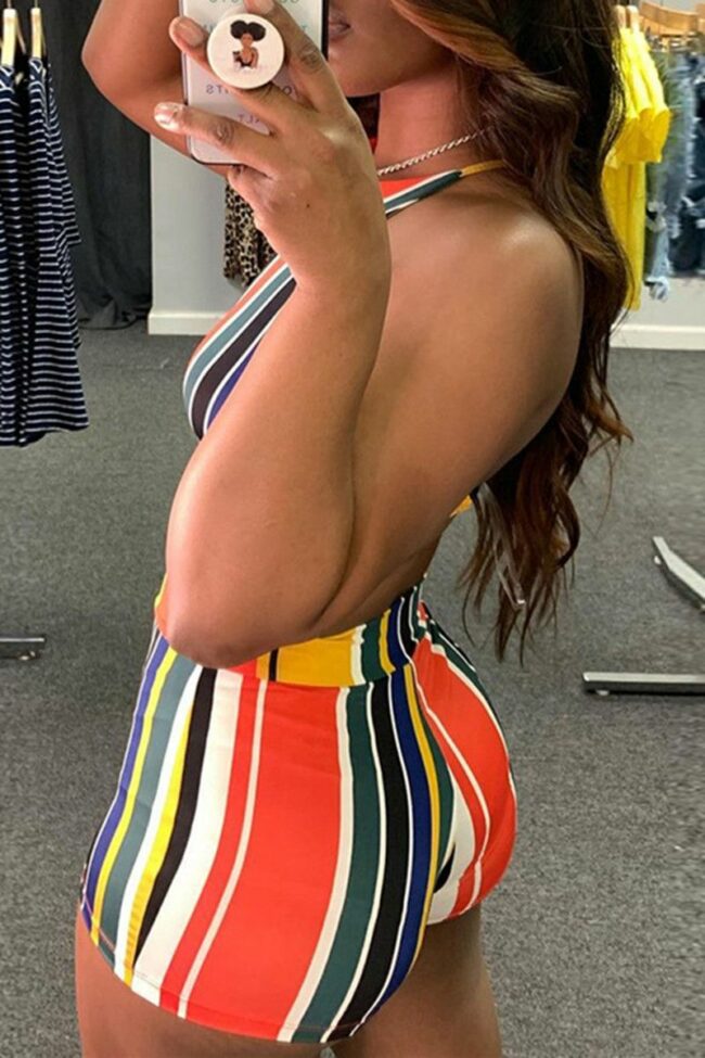 Sexy Casual Striped Print Backless O Neck Sleeveless Two Pieces