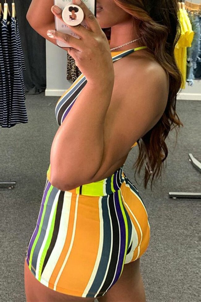 Sexy Casual Striped Print Backless O Neck Sleeveless Two Pieces