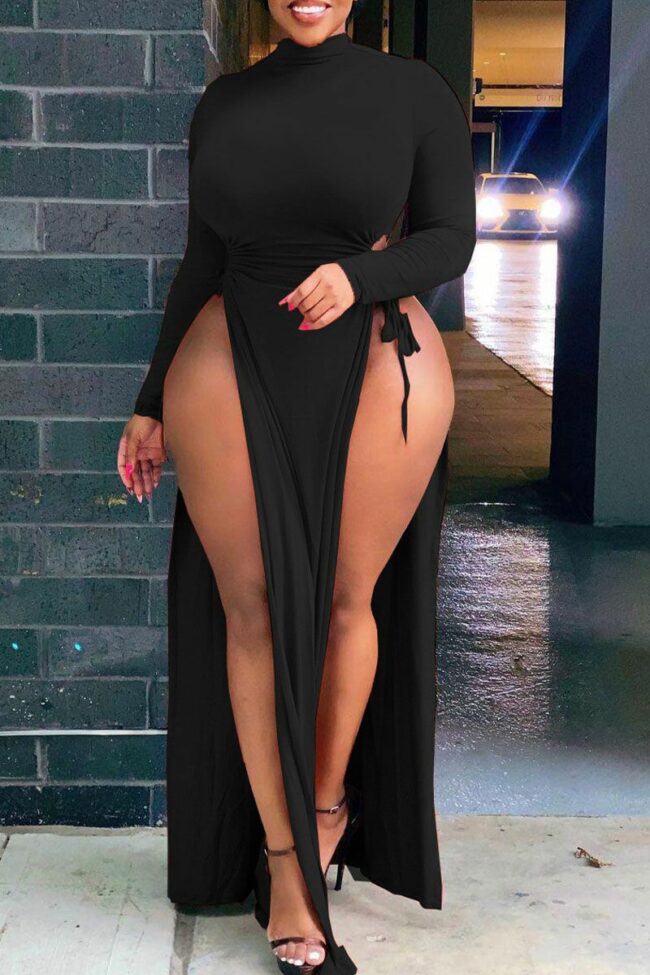 Sexy Solid Hollowed Out Split Joint Frenulum High Opening Half A Turtleneck Straight Plus Size Dresses