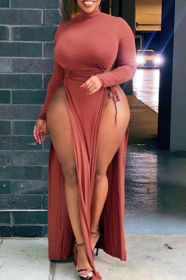 Sexy Solid Hollowed Out Split Joint Frenulum High Opening Half A Turtleneck Straight Plus Size Dresses