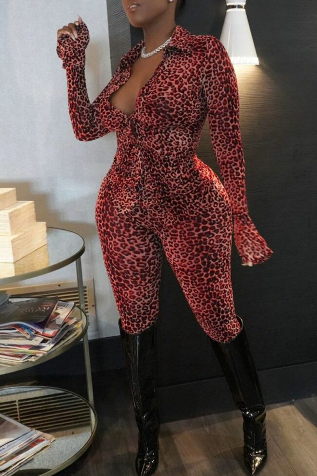 Sexy Print Leopard Split Joint Buckle Turndown Collar Long Sleeve Two Pieces