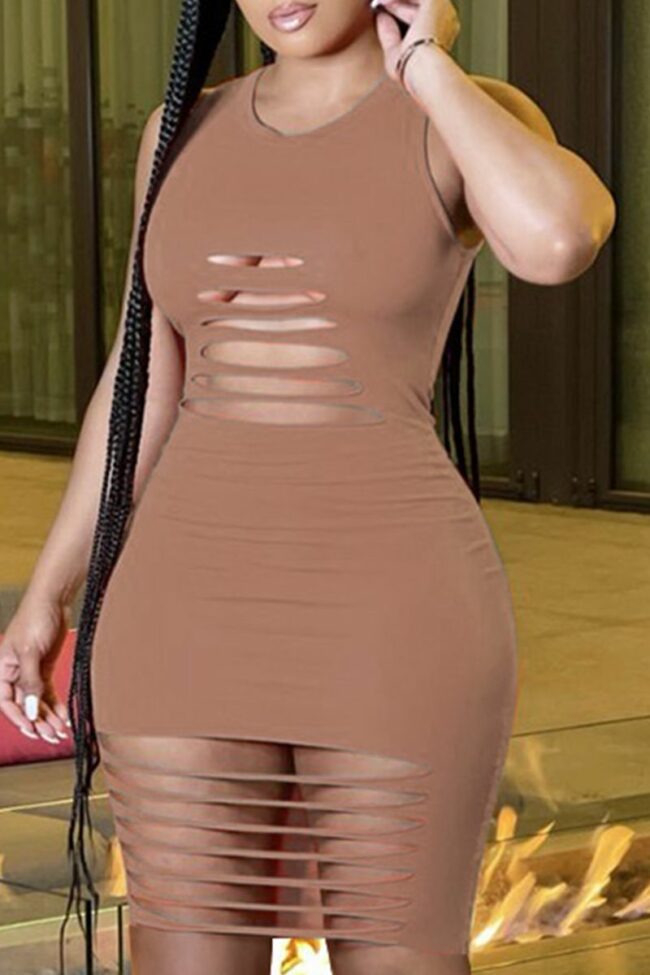 Sexy Solid Hollowed Out U Neck Pencil Skirt Dresses