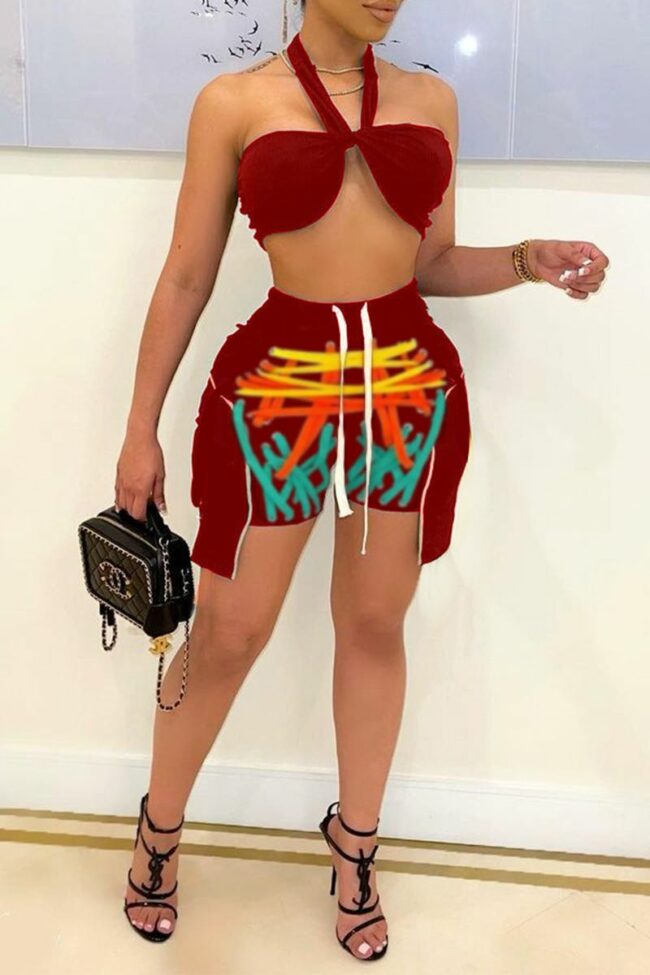 Sexy Print Split Joint Halter Sleeveless Two Pieces