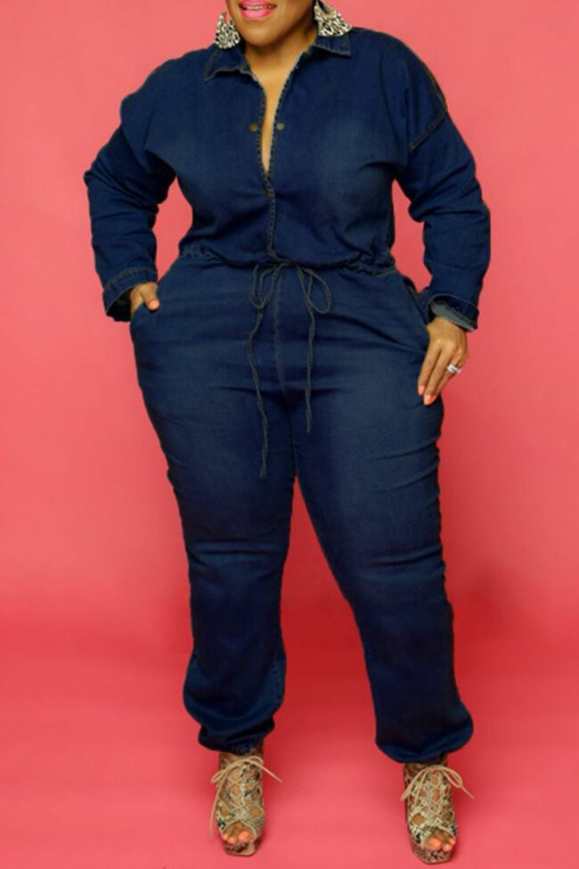 Fashion Casual Solid Hollowed Out Split Joint Chains Turndown Collar Plus Size Jumpsuits