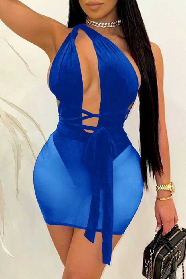 Fashion Sexy Patchwork Bandage Hollowed Out Backless One Shoulder Sleeveless Dress