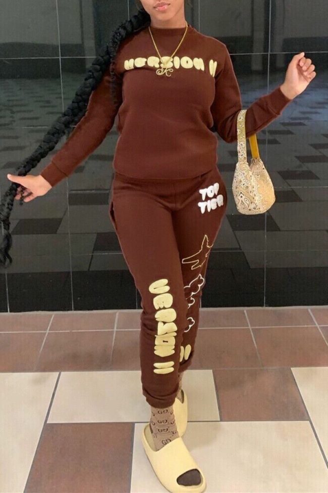 Brown Fashion Casual Letter Print O Neck Long Sleeve Two Pieces