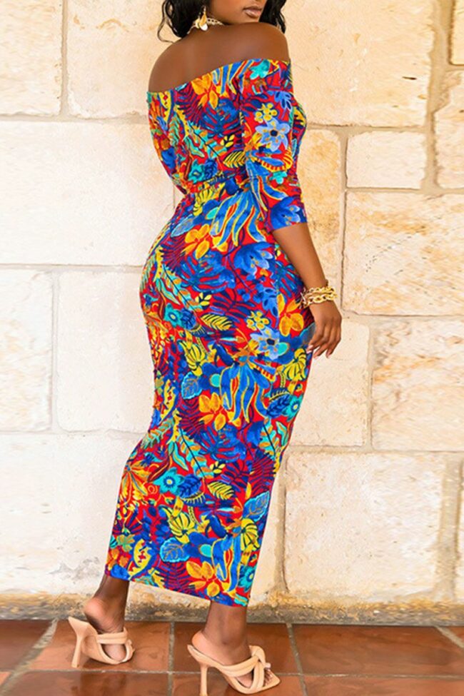 Sexy Print Split Joint Off the Shoulder One Step Skirt Plus Size Dresses