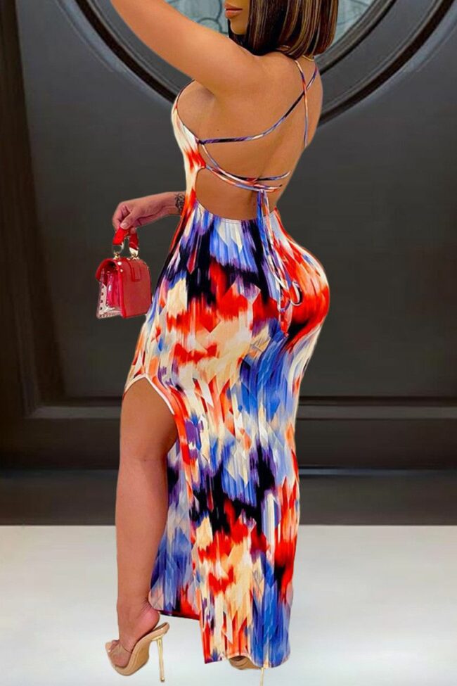Fashion Sexy Print Cross Straps Slit Spaghetti Strap Sleeveless Dress