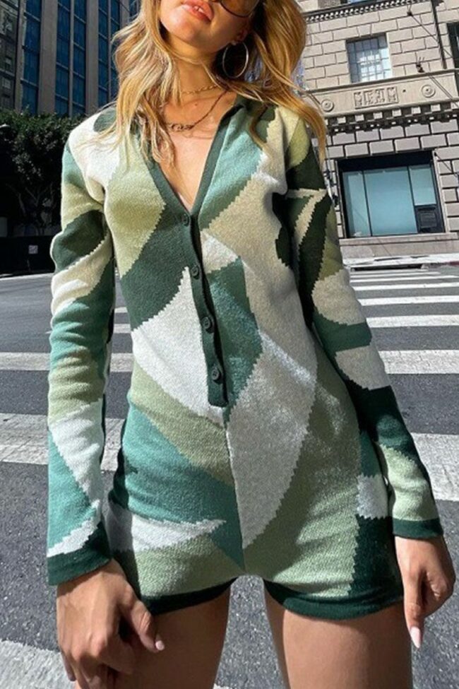 Green Casual Print Split Joint Buttons V Neck Skinny Jumpsuits
