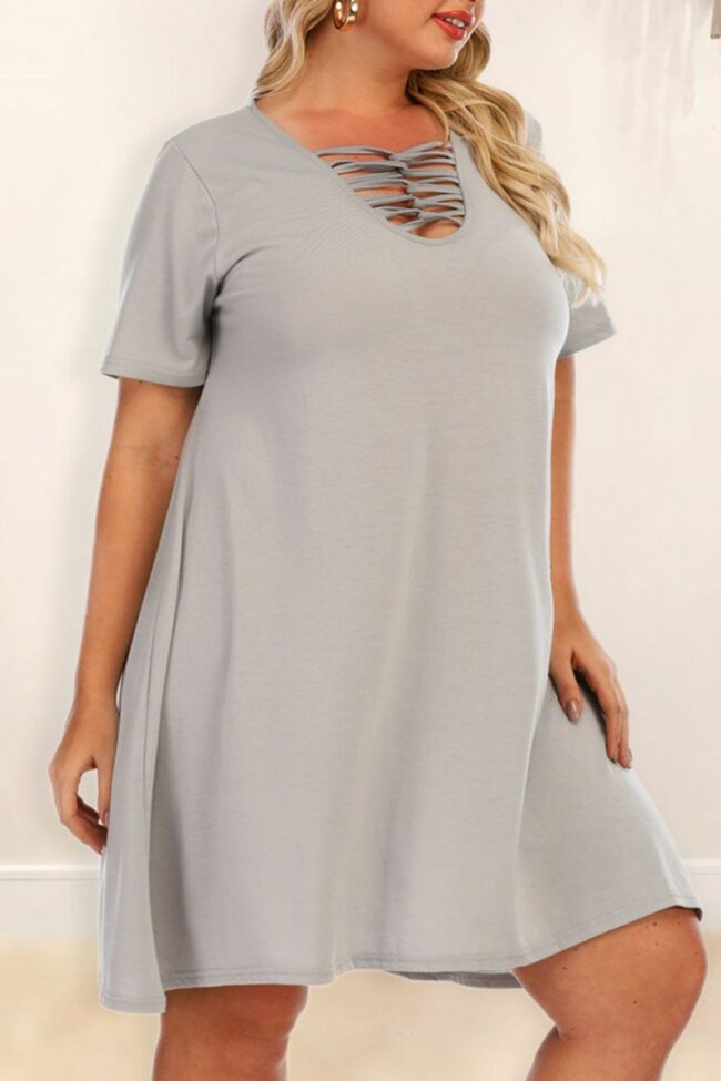 Casual Solid Hollowed Out Split Joint V Neck Straight Plus Size Dresses
