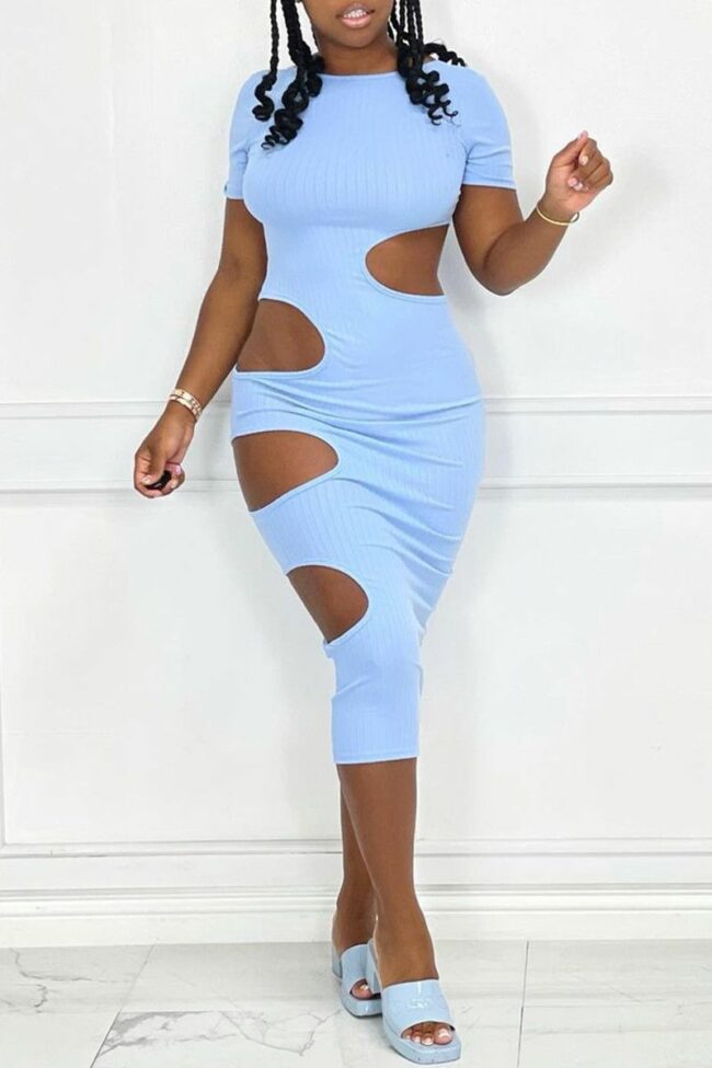 Fashion Sexy Solid Hollowed Out O Neck Short Sleeve Dress Dresses