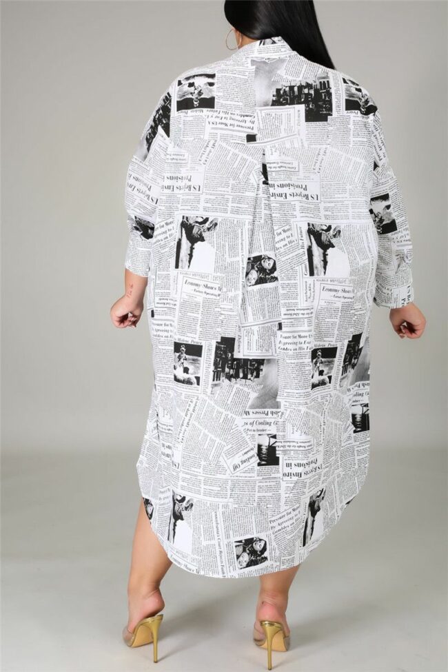 Fashion Casual Plus Size Turndown Collar Long Sleeve Regular Sleeve Print Printed Dress