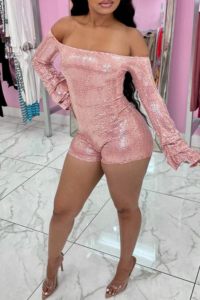 Fashion Sexy Solid Sequins Backless Off the Shoulder Skinny Romper