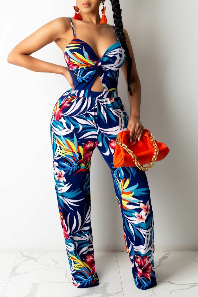 Sexy Print Hollowed Out Spaghetti Strap Straight Jumpsuits