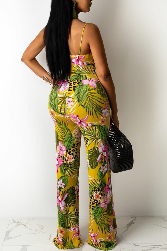 Sexy Print Hollowed Out Spaghetti Strap Straight Jumpsuits