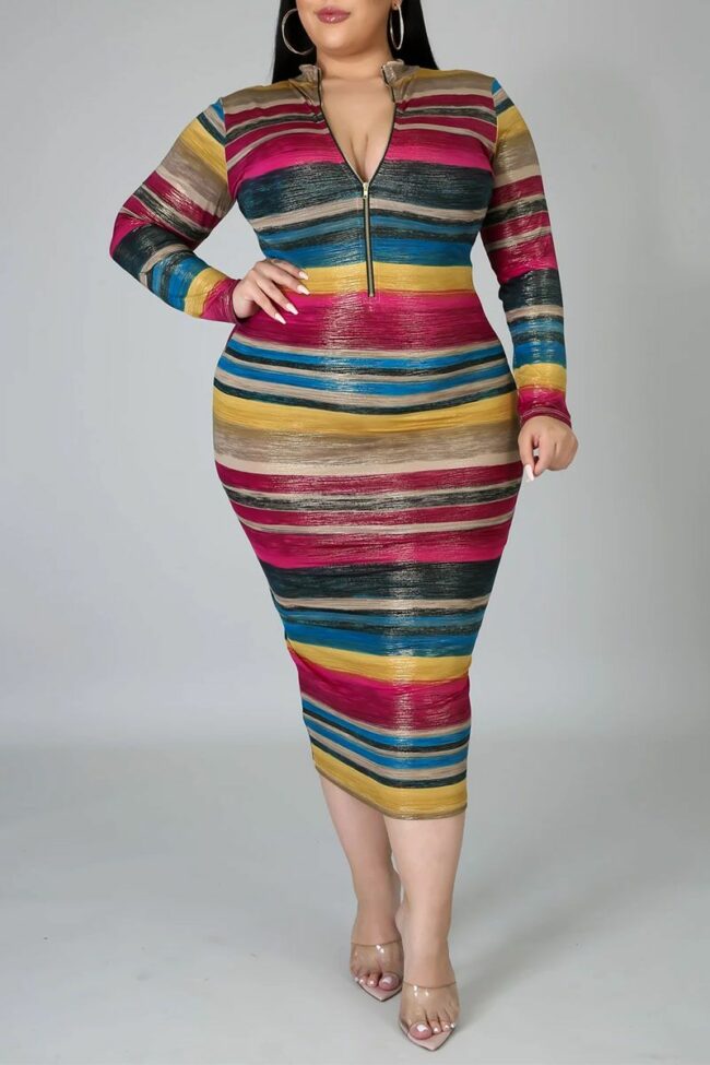 Casual Striped Split Joint Zipper Collar Pencil Skirt Plus Size Dresses