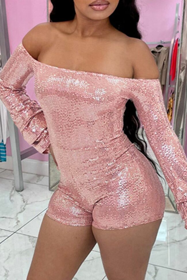 Fashion Sexy Solid Sequins Backless Off the Shoulder Skinny Romper