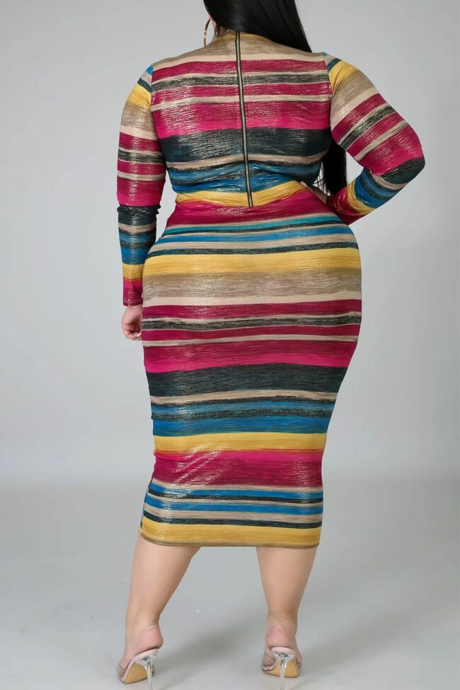 Casual Striped Split Joint Zipper Collar Pencil Skirt Plus Size Dresses