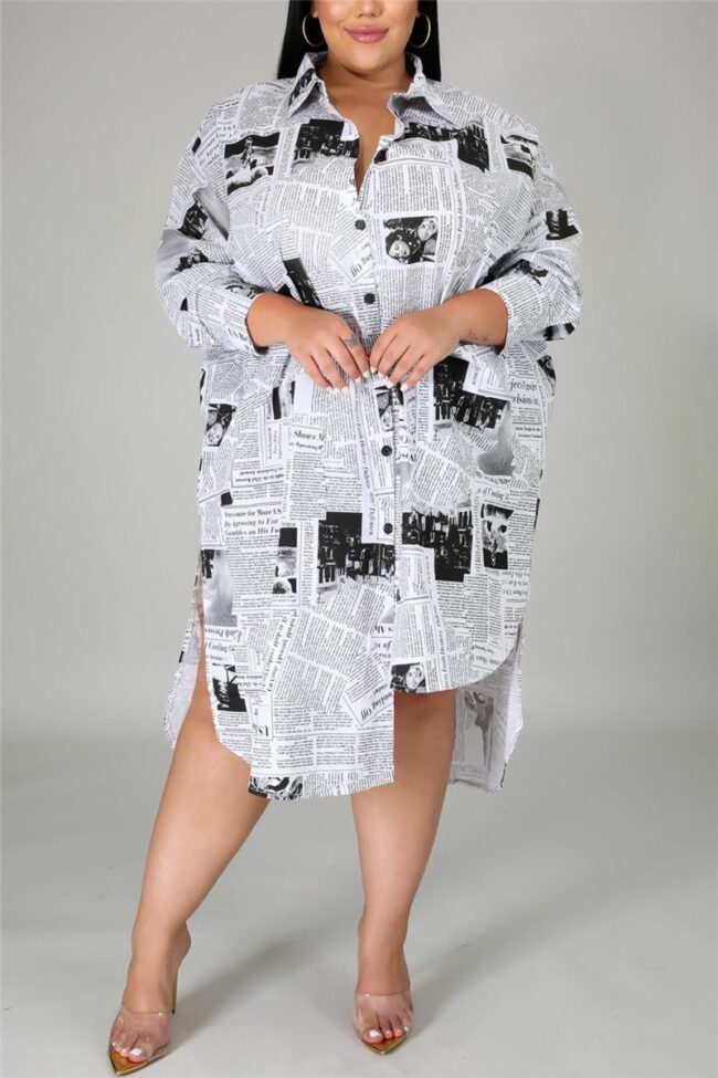 Fashion Casual Plus Size Turndown Collar Long Sleeve Regular Sleeve Print Printed Dress