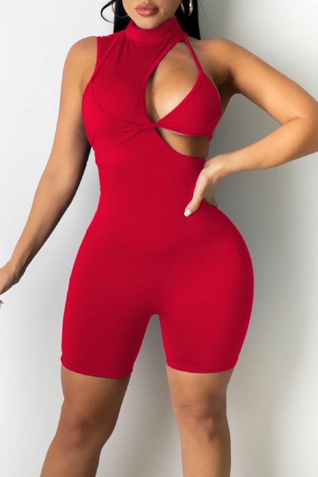 Sexy Solid Hollowed Out Split Joint Half A Turtleneck Skinny Jumpsuits