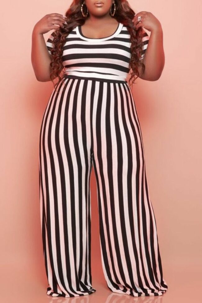 Casual Striped Split Joint O Neck Plus Size Two Pieces