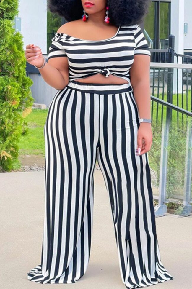 Casual Striped Split Joint O Neck Plus Size Two Pieces