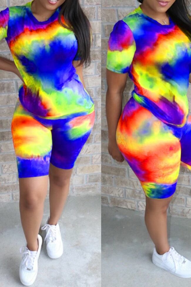 Casual Patchwork Tie-dye O Neck Short Sleeve Two Pieces