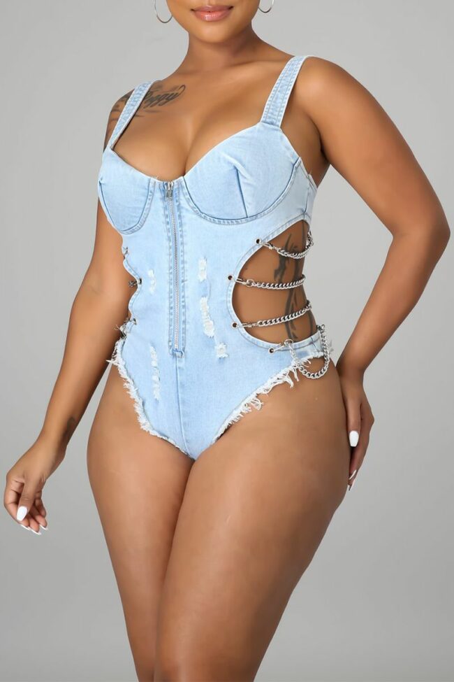 Sexy Solid Hollowed Out Split Joint Chains Swimwears