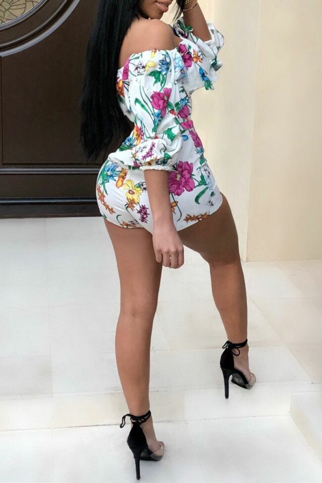 Sexy Casual Print Backless Off the Shoulder Regular Romper